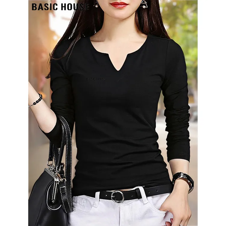 Basic House/百家好黑色V领长袖T恤女2025早秋新款修身纯棉打底衫