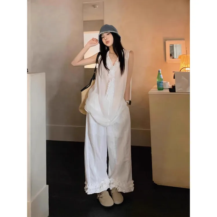 法式复古花边设计感无袖睡衣女夏季2025新款高腰阔腿裤家居服套装