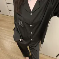 胖mm冰雪丝黑色显瘦高级大码睡衣套装春秋季长袖薄款300斤家居服