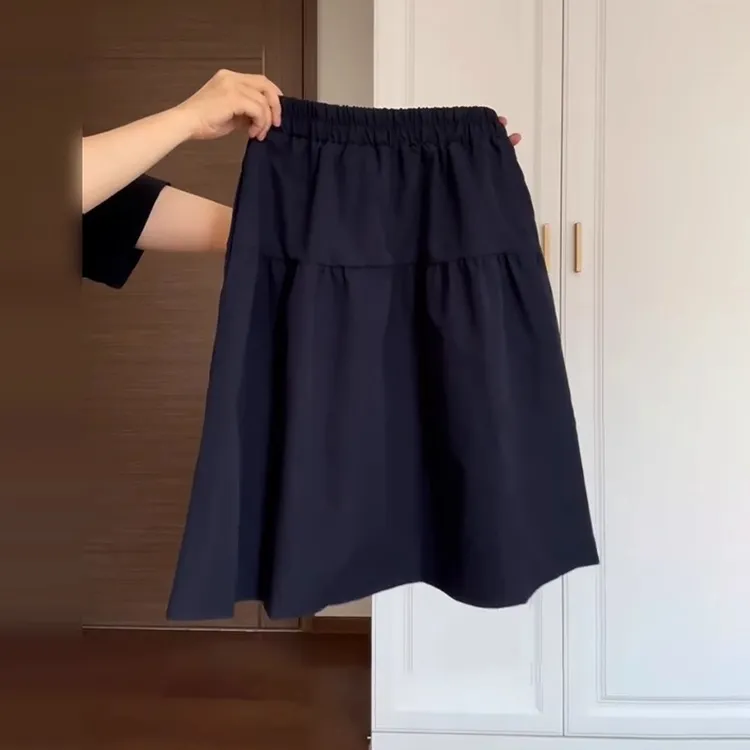 藏蓝色a字半身裙子2025新款夏女小个子日系藏青短裙高腰中裙穿搭