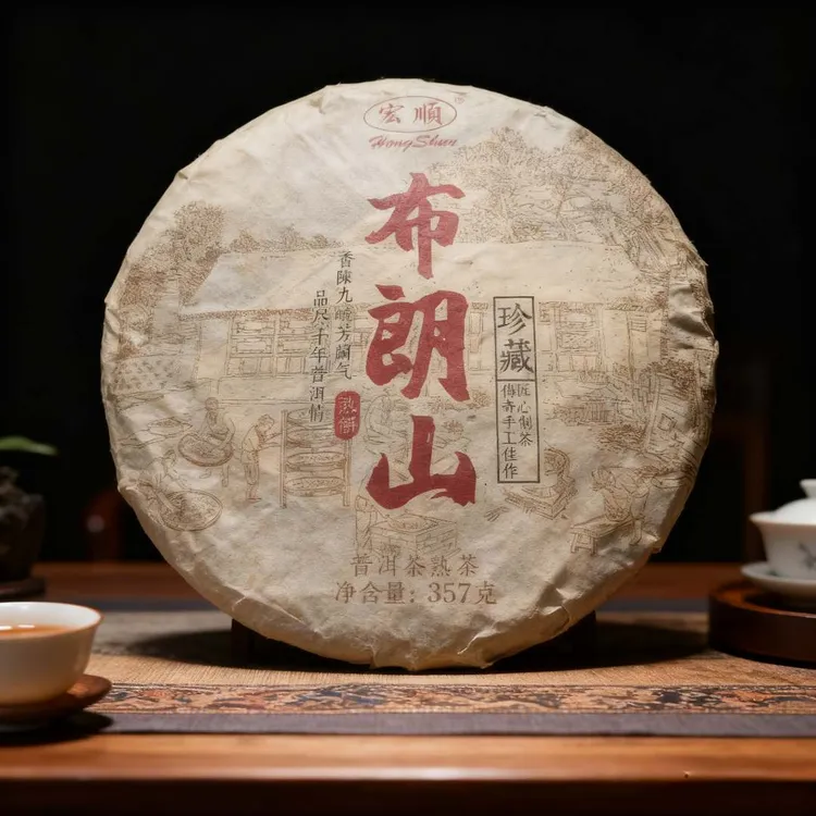 2019年布朗山熟茶云南普洱茶357g名山纯料七子饼醇香珍藏古树茶叶