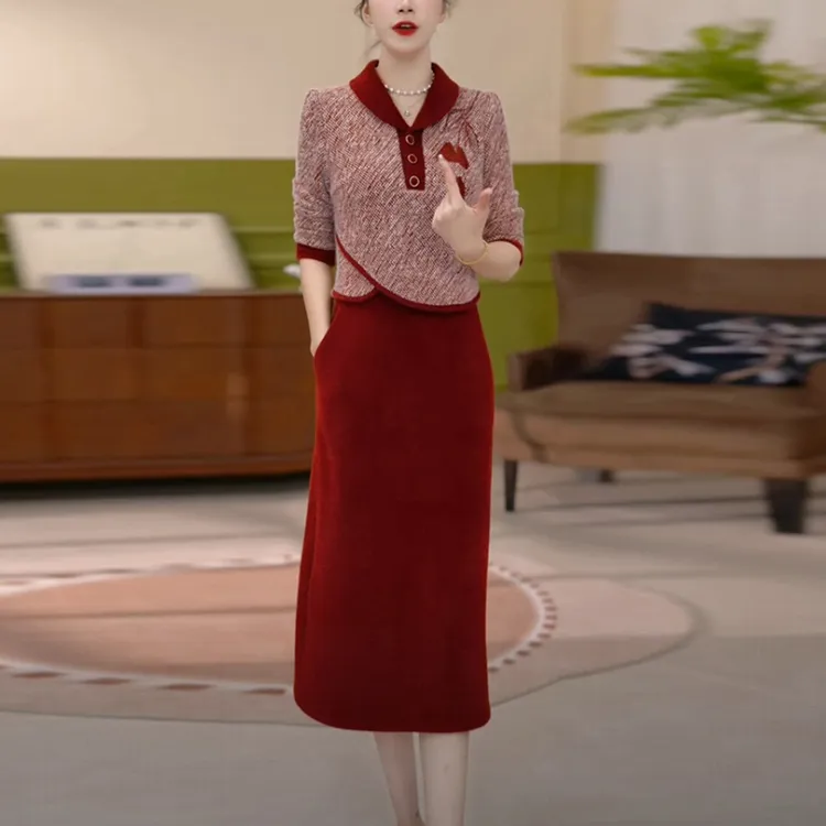 贵妃绒高贵气质女装2025秋冬季新款时尚中长款加厚假两件连衣裙子