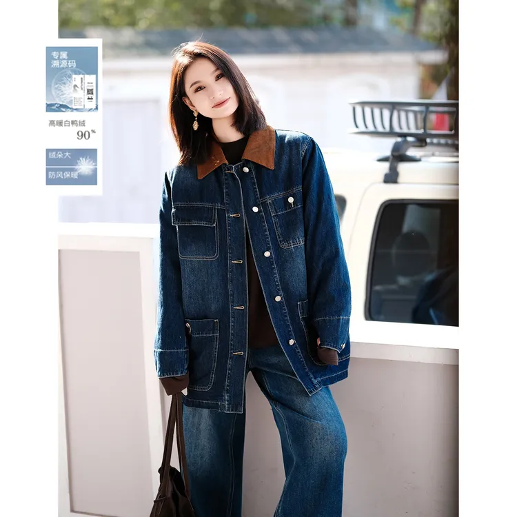 PRASE·噜【撞色丹宁】新国标90白鸭绒拼灯芯绒牛仔夹羽绒服PR511E70