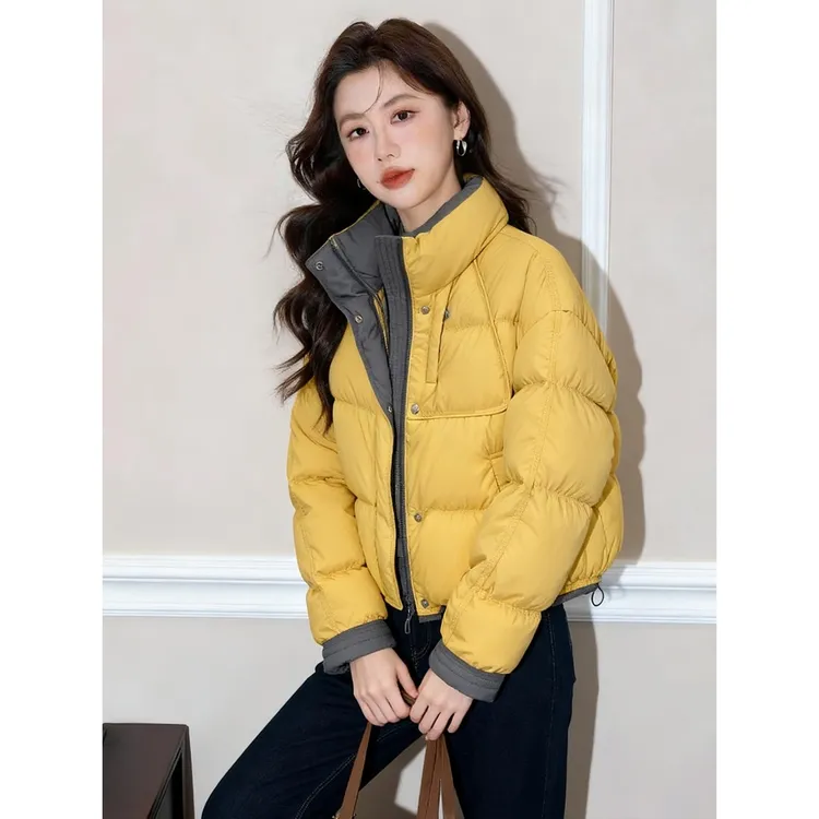 黄色撞色短款羽绒服女款冬季新款小个子好看厚外套洋气独特别致
