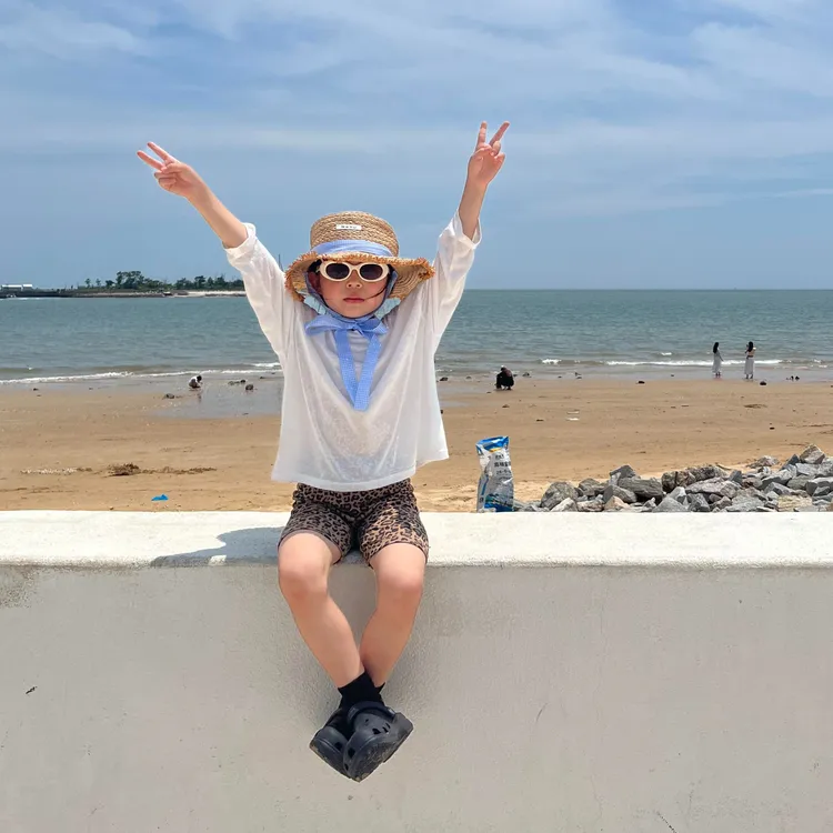 小思家25夏季新款韩版百搭度假风女童纯色防晒罩衫豹纹打底裤套装