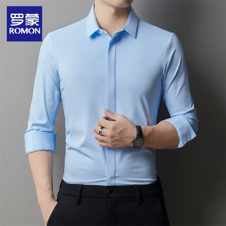 罗蒙2025新款爆款暗门襟锦氨无痕弹力夏季长袖衬衫通勤职业正装