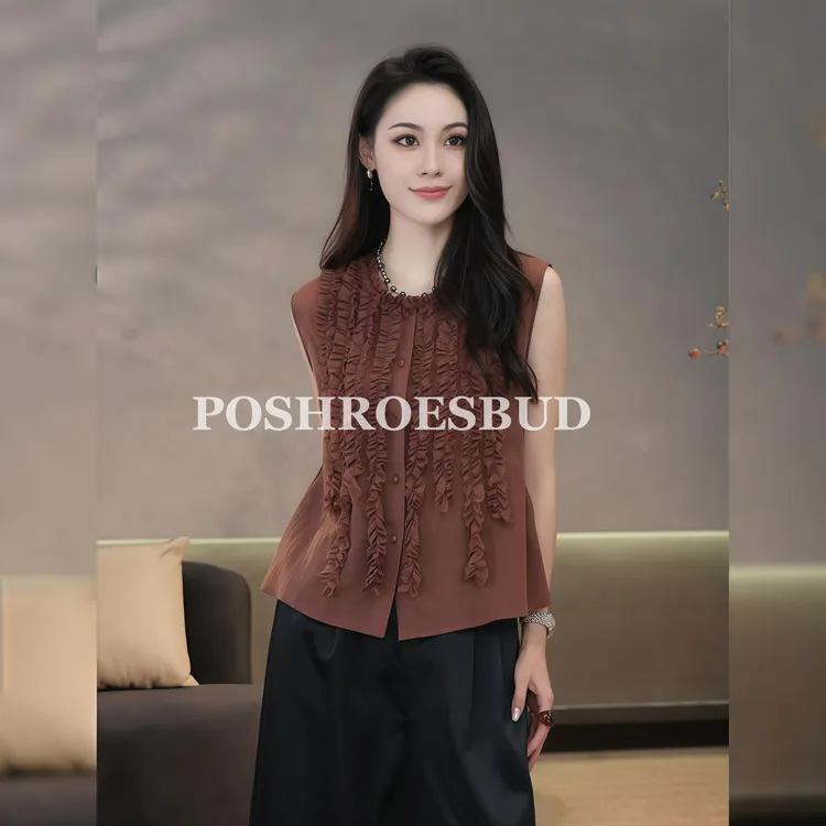 POSHROSEBUD设计师简约木耳花边无袖百搭气质女装上衣衫-LT0287
