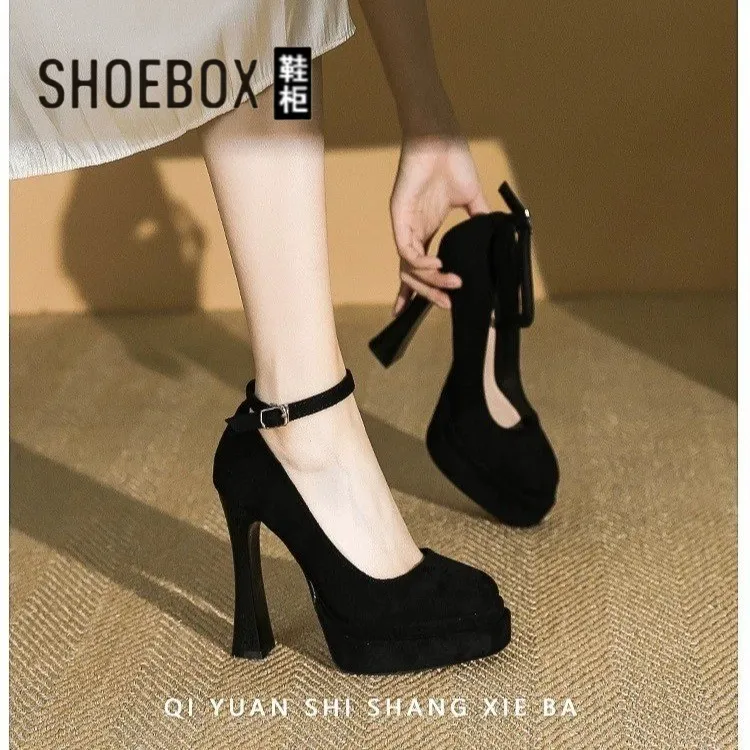 SHOEBOX鞋柜2025秋季新款黑色防水台恨天高跟鞋女粗跟浅口单鞋