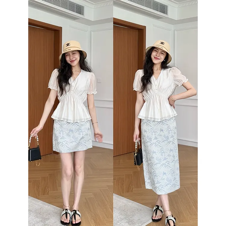 张阿星【白玉美人】法式莱赛尔质感小衫+遮肉提花半裙 W425A09263-1