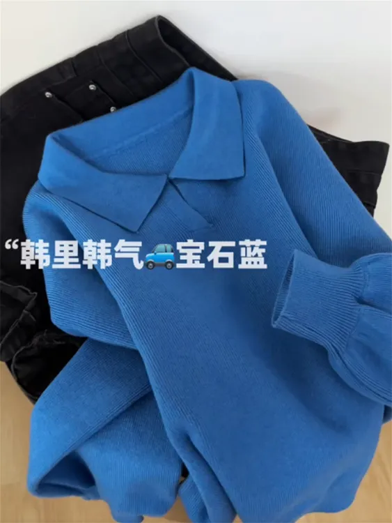韩系克莱因蓝色polo领毛衣女2025秋冬慵懒风宽松外穿翻领针织衫