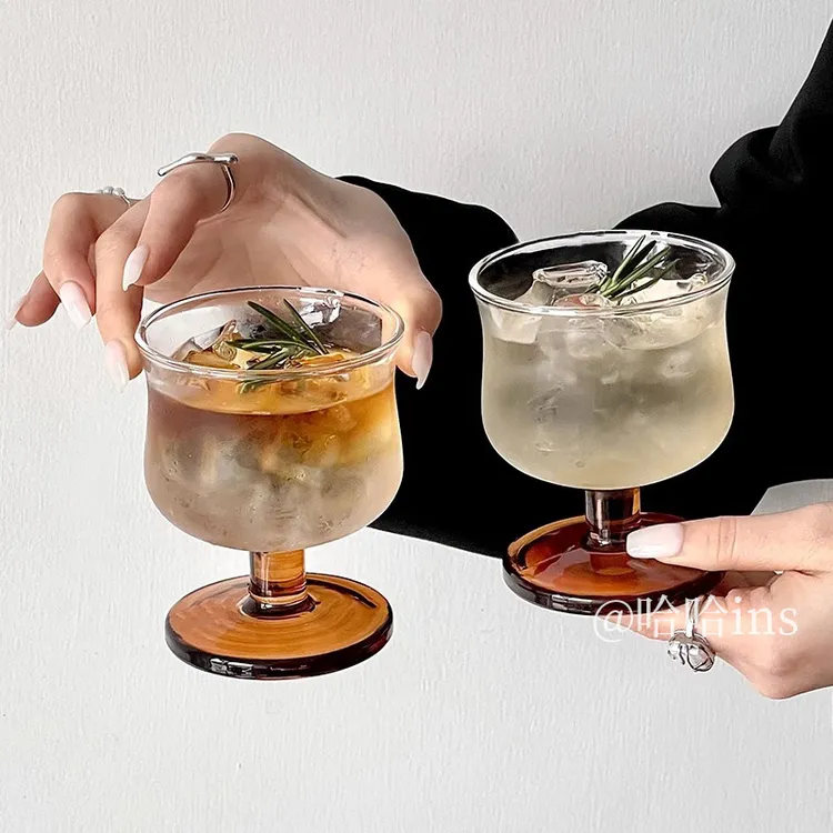 小众复古矮脚收腰玻璃杯ins风美式咖啡杯特调饮品杯冷饮杯果汁杯