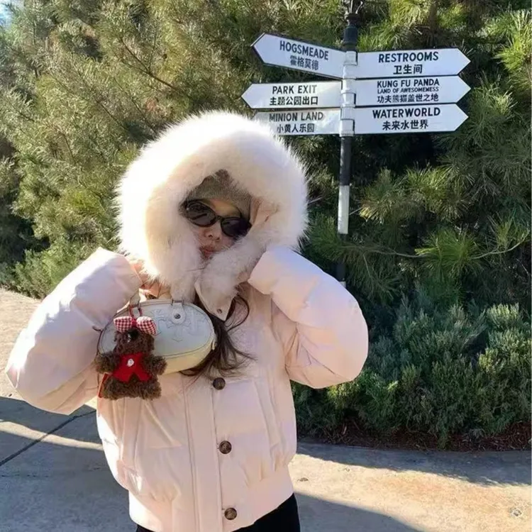 2025年冬季新款连帽大毛领小个子短款宽松加厚棉服外套上衣女