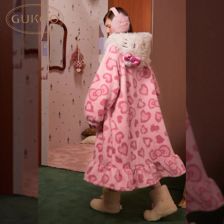 【Gukoo果壳】hello Kitty豹纹冬季毛绒睡衣女士可外穿家居服睡袍