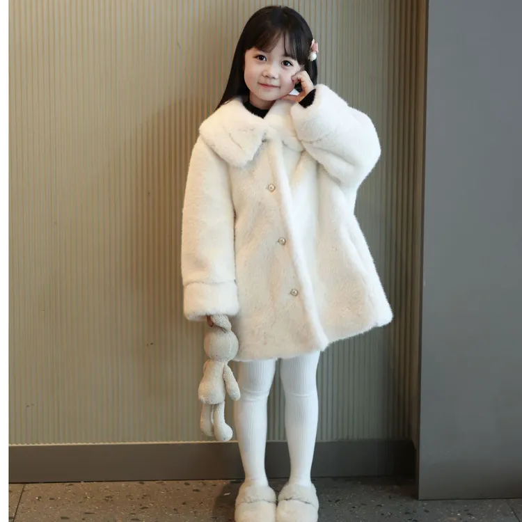 女童白色仿皮草外套翻领中长款水貂毛绒大衣儿童皮毛一体毛毛衣潮
