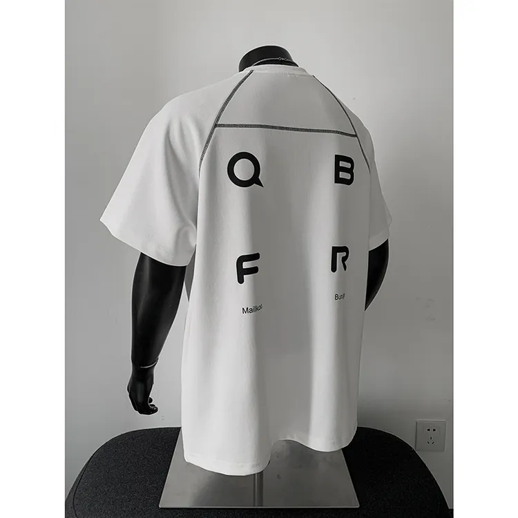 美式复古撞色字母T恤男夏季运动高级感凉感短袖苏哈线设计五分袖