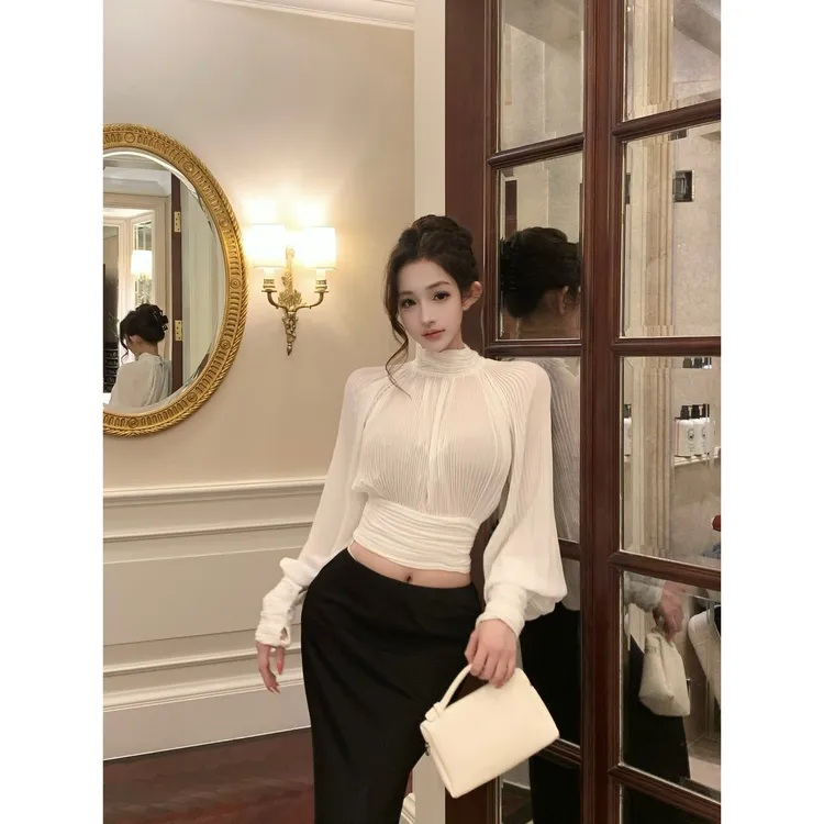 法式白色半高领长袖雪纺衬衫女冬季显瘦收腰通勤衬衣别致气质上衣