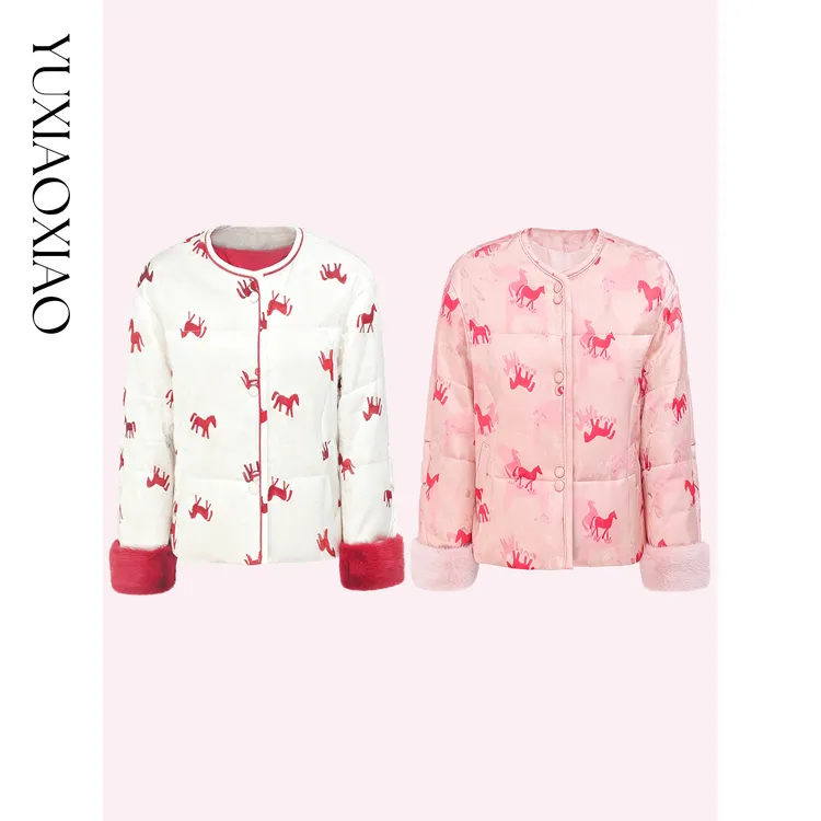 余潇潇【马到成功】90白鹅绒可拆水貂毛袖口印花提花新中式羽绒服