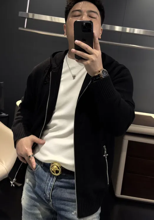 【马哥严选】轻奢加绒保暖连帽开衫卫衣男肌理条纹拉链毛呢外套男士
