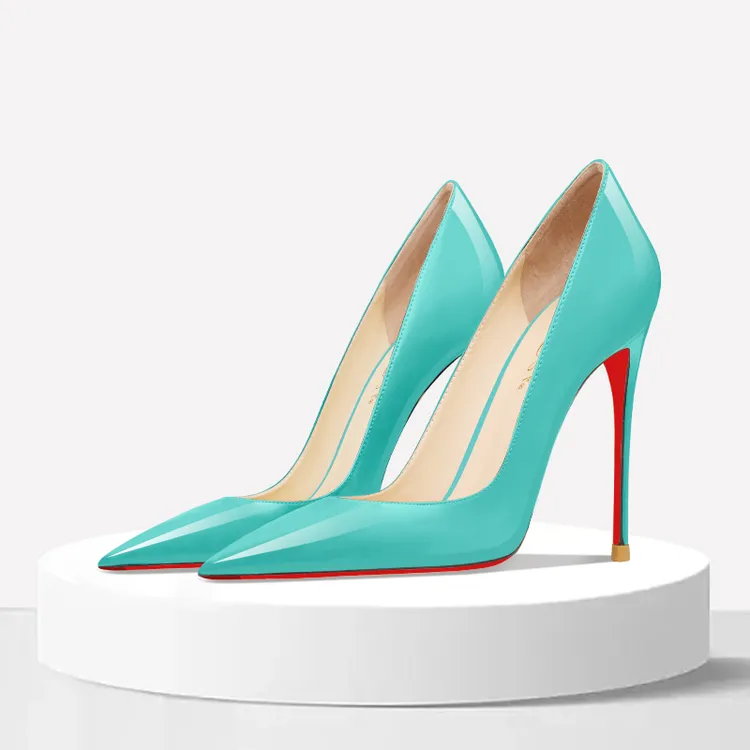 天湖蓝红底漆皮高跟鞋2025年春季新款尖头浅口细跟通勤职业OL单鞋