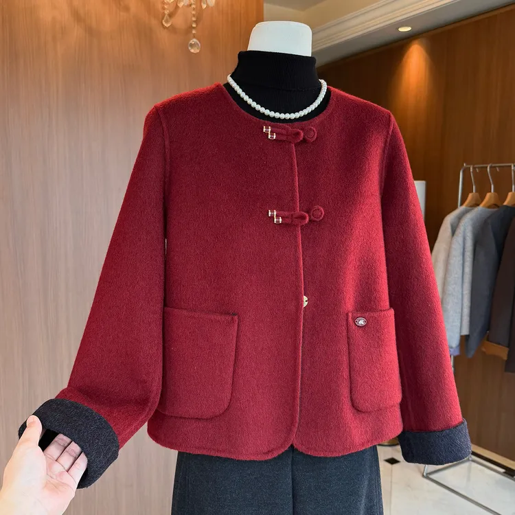 妈妈装小香风高级呢子外套短款女秋冬喜婆婆高贵婚宴红色礼服