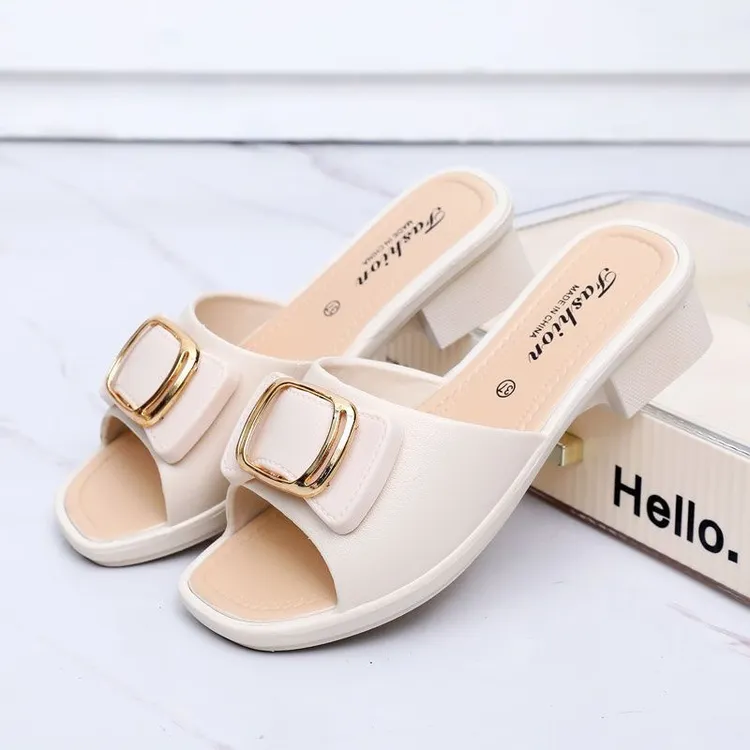 海边拖鞋女夏版网红搭扣粗跟女士妈妈软底沙滩鞋法式简约女式中跟