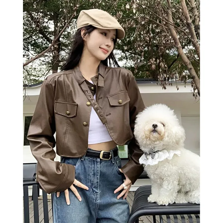 咖色皮衣外套女2025新款美拉德显瘦皮衣时尚风短款pu皮夹克机车服