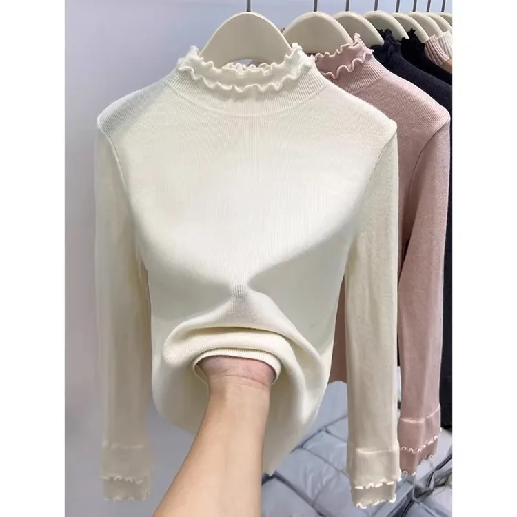 2025新款甜美半高领木耳边打底衫女秋冬内搭洋气修身套头针织衫