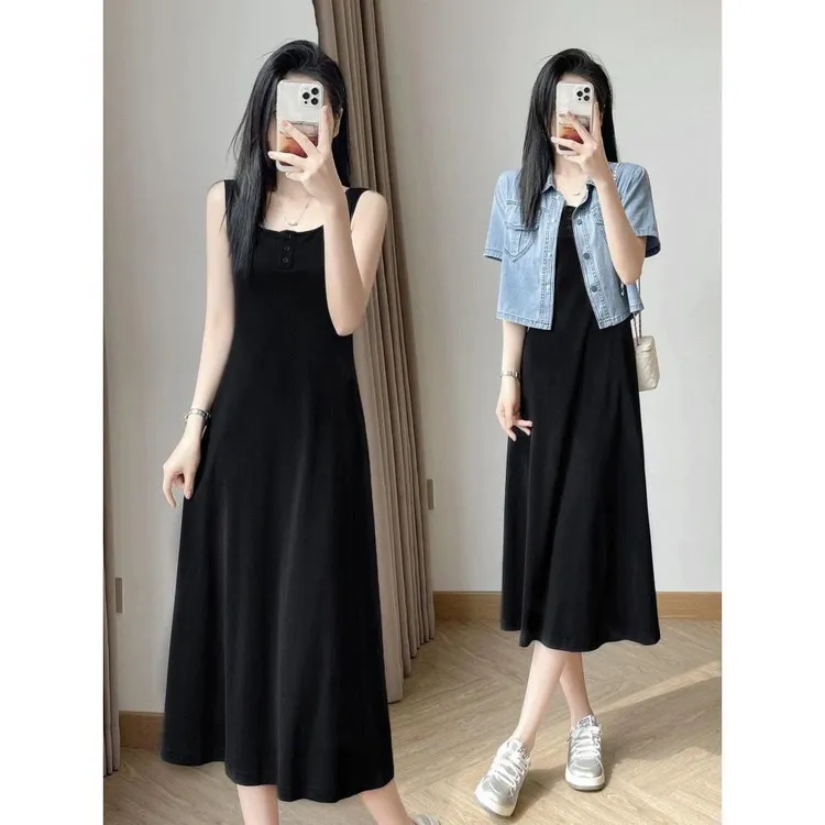 长款过膝纽扣吊带背心裙春夏季大码宽松内搭外穿打底百搭连衣裙女