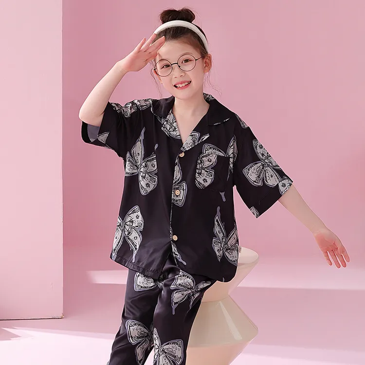 女童冰丝睡衣套装儿童夏季薄款短袖长裤空调服女孩冰雪丝家居服