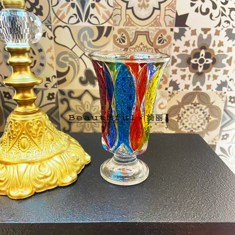 单只-轻奢人工彩绘浮雕六色果汁杯高脚款水晶杯酒杯冰沙杯奶茶杯