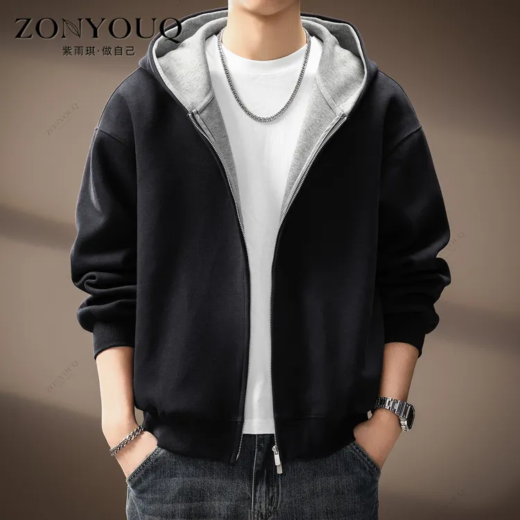 美式重磅双色开衫连帽卫衣男士秋季拉链宽松百搭休闲潮流上衣外套