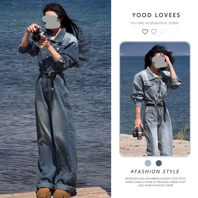 美式复古长袖翻领休闲连衣裤女春秋新款高腰显瘦百搭阔腿连体长裤