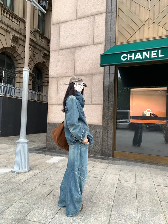 水洗抽绳牛仔裤女2025春秋宽松阔腿裤拖地长裤复古直筒裤子韩版