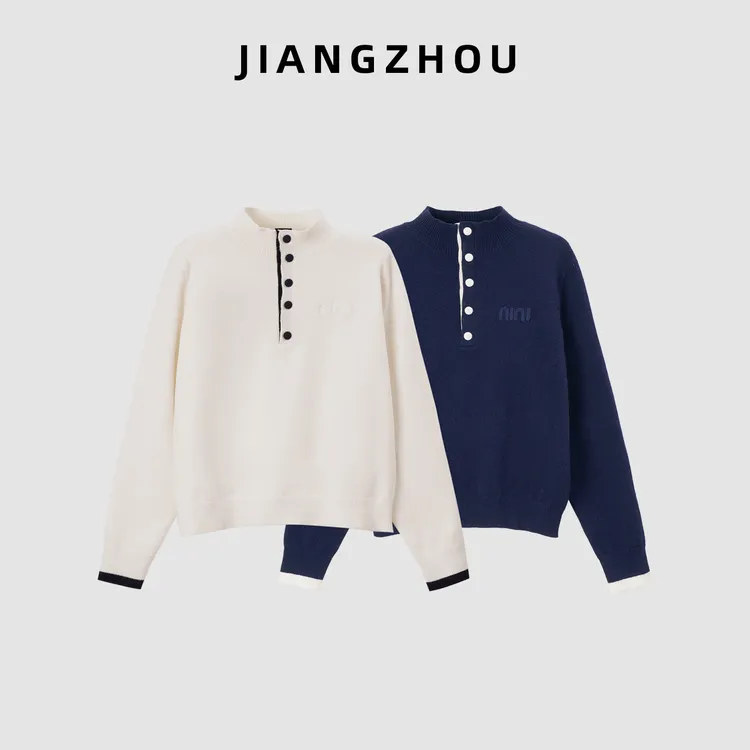 江洲【暖冬】冬季新款绣花加厚纽扣半开襟软糯设计感保暖套头羊毛衫