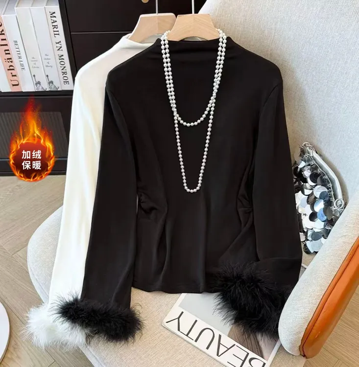 【加绒加厚！毛毛可拆卸】秋冬毛毛袖半高领打底衫长袖修身显瘦上衣