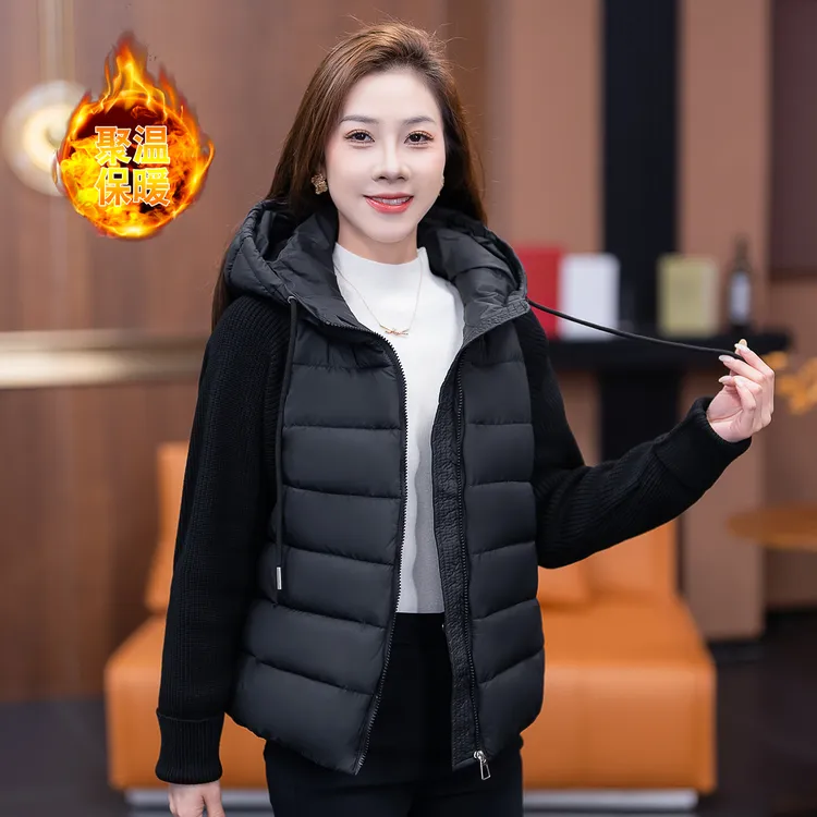 时尚短款连帽羽绒棉服女冬季新款韩版宽松保暖针织拼接棉袄外套