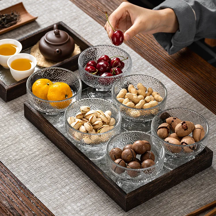 中式浮雕玻璃水果盘家用客厅茶几高颜值干果零食精致高脚小茶点碟