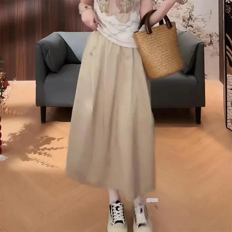 2025夏韩新款高腰显瘦设计感纯色系百搭半身裙女A字中长款工装裙