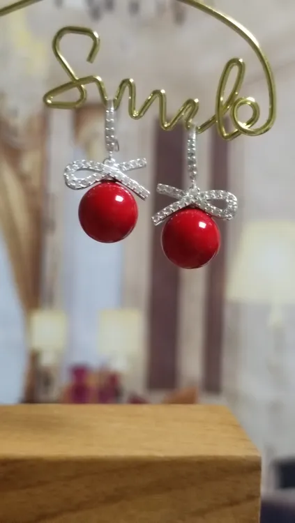 足银耳饰 纯银饰品足银990红色胶珠微镶蝴蝶结简约耳环时尚韩版