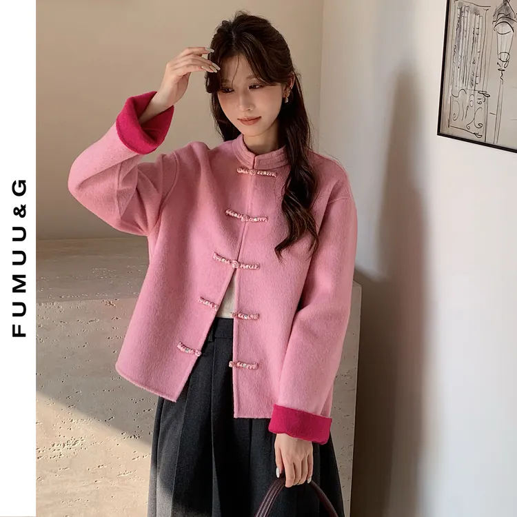 秋冬季玫红色国风盘扣新中式双面羊绒大衣女短款粉色唐装毛呢外套
