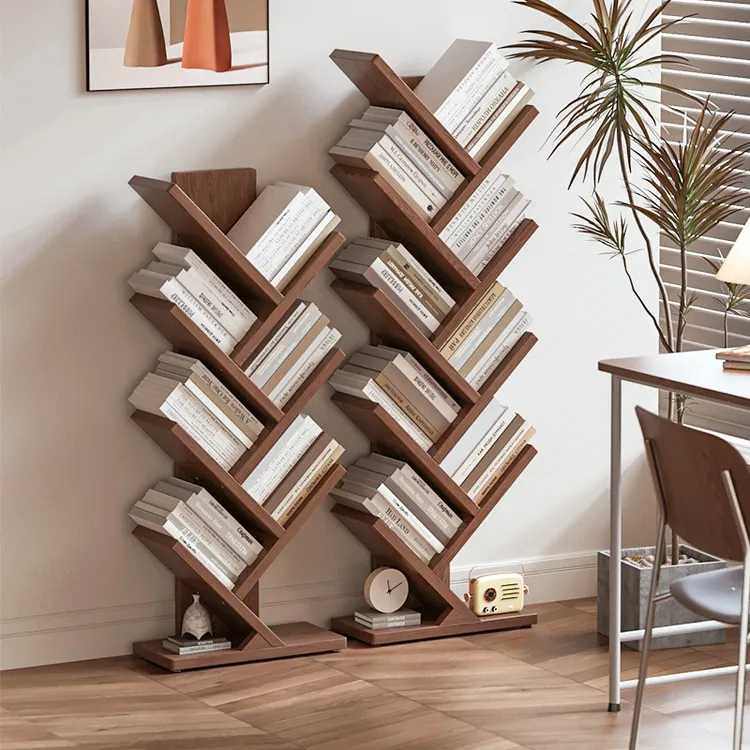 书架落地置物架简易实木书柜图书馆客厅多层树形落地靠墙架子096