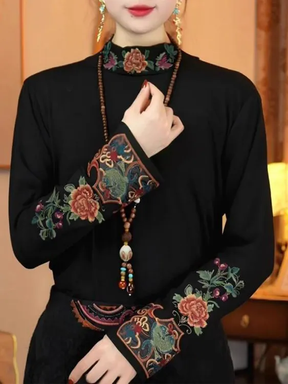 冬季黑色加厚中国风ins民族风长袖T恤中式刺绣女