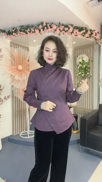 【秋冬加绒】时尚设计感修身显瘦偏襟气质感木耳边长袖衬衫1511