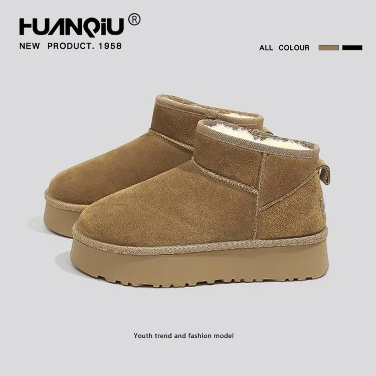 雪地靴女款爆款2025新款保暖中筒冬季圆头百搭时尚厚底真皮短靴女