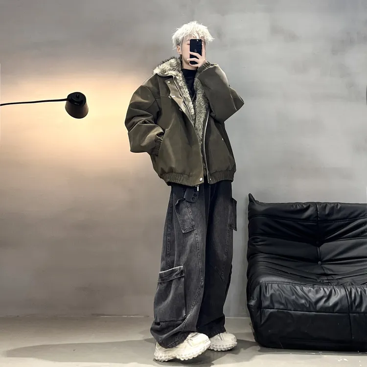 冬日新中式飞机扣立领长毛座山雕皮衣夹克外套