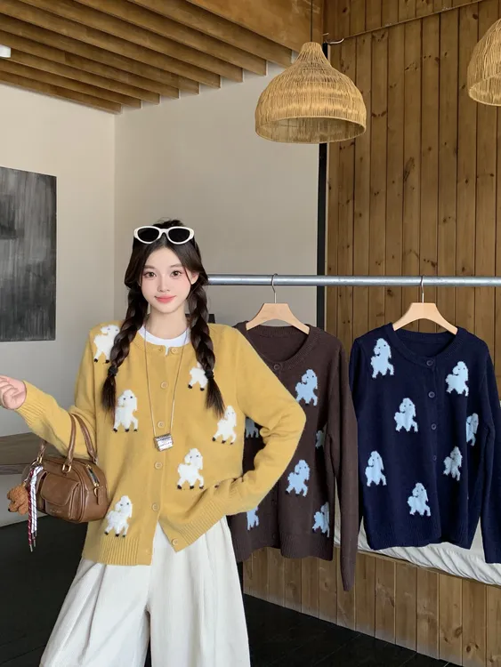 小羊提花针织开衫韩系慵懒风秋冬单排扣大码女显瘦毛针织衫3813