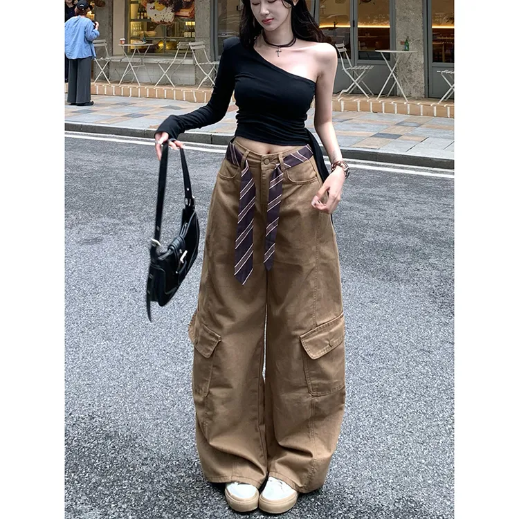 高腰丝带工装阔腿牛仔裤女2025秋季新款高腰宽松垂感休闲弯刀长裤