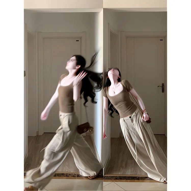 U领百搭通勤紧身打底衫t恤修身显瘦上衣阔腿裤垂感直筒休闲山本裤