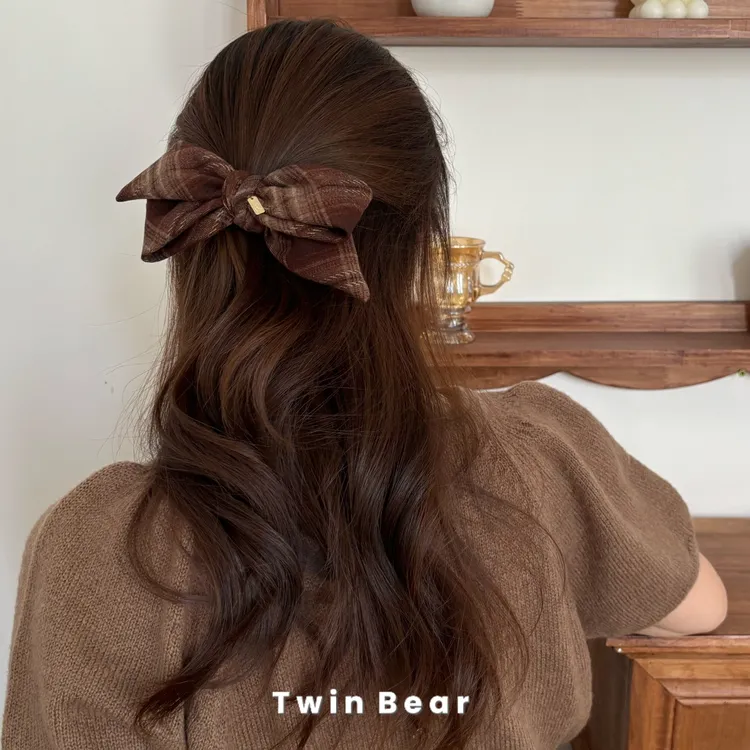 L006 洋气格子毛呢蝴蝶结懒人夹后脑勺盘发夹减龄少女心发卡