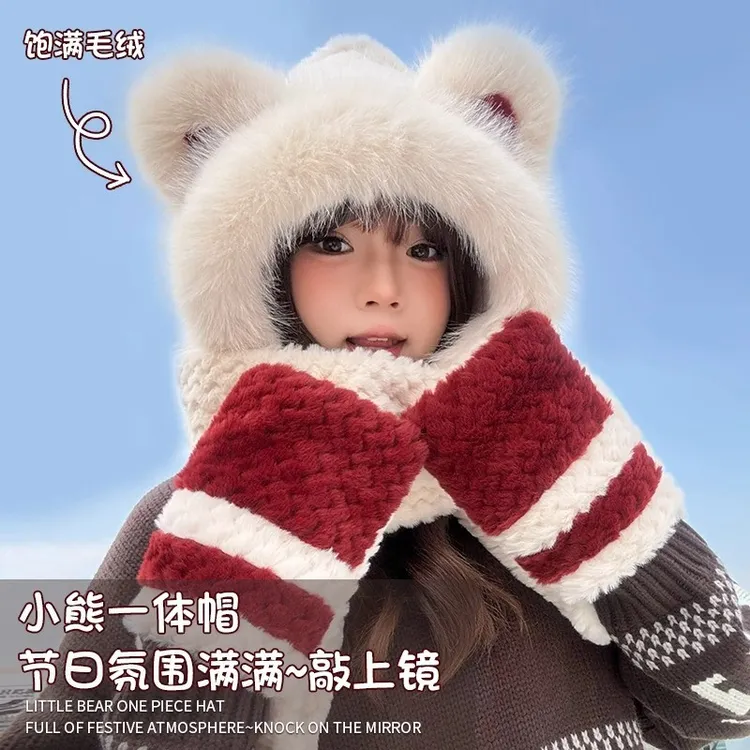红色小熊帽子围巾脖一体手套三件套装女秋冬季兔毛绒可爱保暖骑车